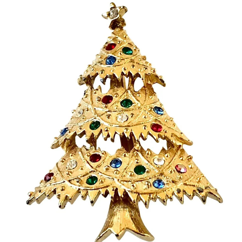 Eisenberg Ice Vintage Christmas Tree Pin Brooch Multi-Color Rhinestones Signed